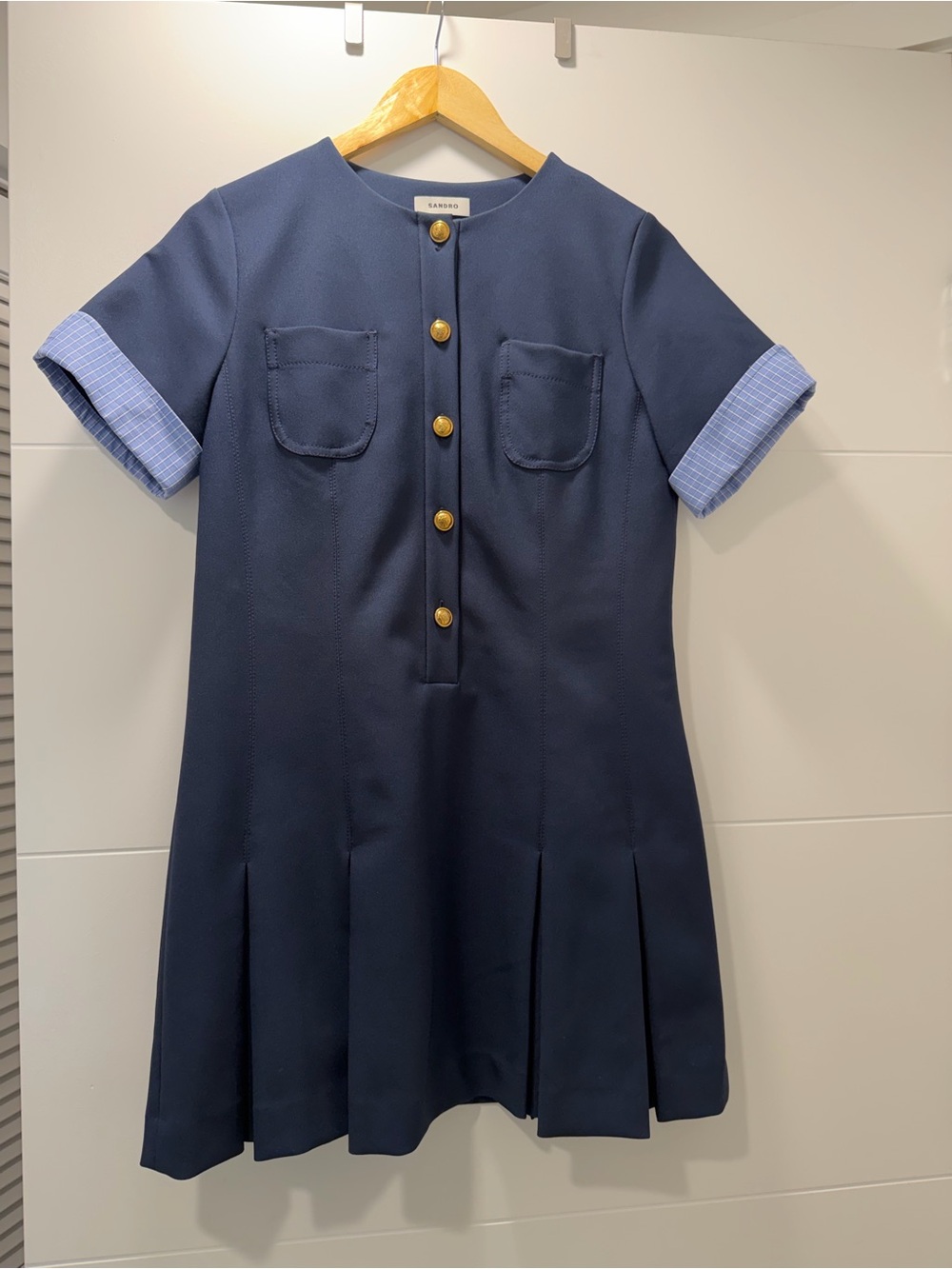 Sandro Navy Dress with Light-Blue Cuff & Gold Buttons